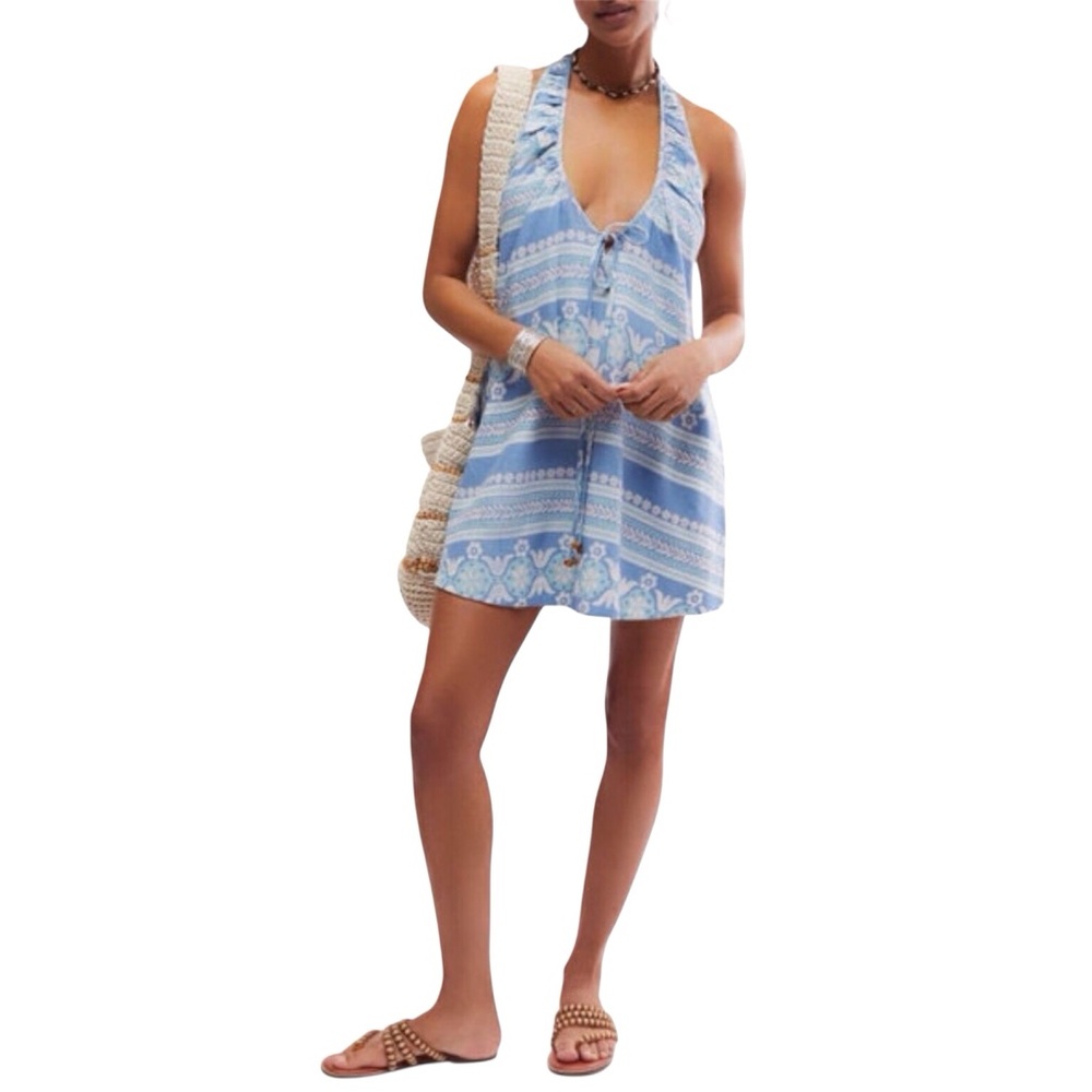 Free People V Neck Mini Dress Blue Linen Fisher Sleeveless Size Small